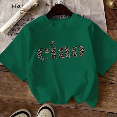 TEMU 1412 Leopard Print '' Letter Graphic Round Neck T-shirt Casual Short Sleeve Top Image