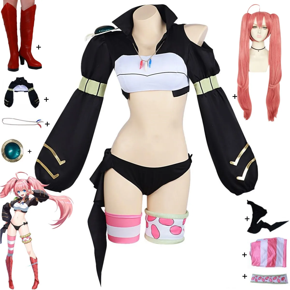 Anime dieses Mal wurde ich als Schleim Milim Nava Cosplay Kostüm kurze schwarze Mantel Perücke Schuhe Frau sexy Kawaii Party Anzug reinkarniert