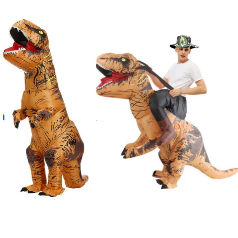 Erwachsene Dinosaurier-Rollenspielkostüme, Maskottchen brauner Dinosaurier aufblasbare erwachsene männliche und weibliche Kostüme, stehende und radfahren Dino Image