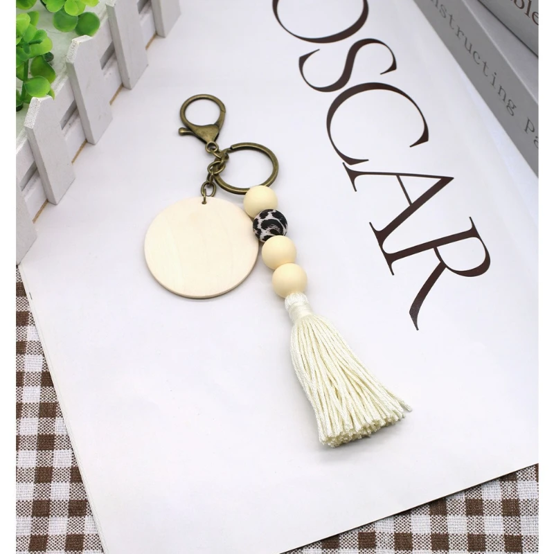 Nordic Stil Runde Holz Chip Bead String Quaste Schlüsselbund Anhänger Dekoration Anhänger Image