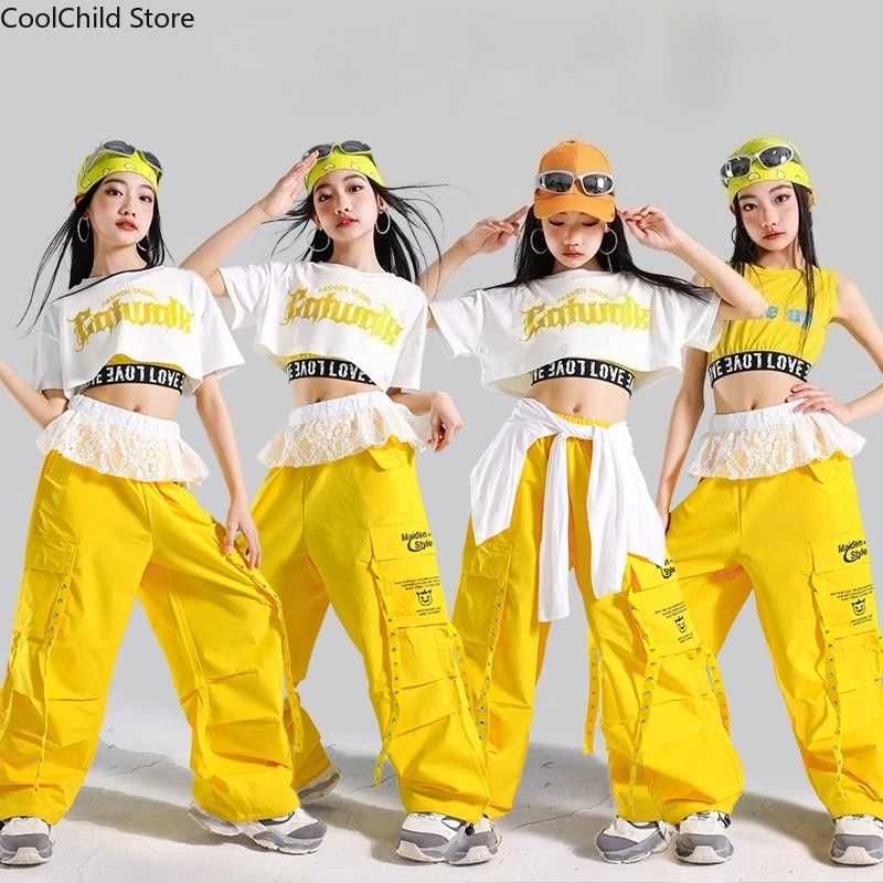 Mädchen Hip Hop Mode Crop Top Cargo Hosen Kinder K-pop Street Dance Kostüme Kinder Streetwear Mädchen Gruppe Jazz Teen kleidung Set
