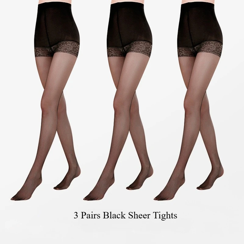 3 Paar schwarze transparente Strumpfhosen, sexy Damen-Strumpfhosen mit Kontrolloberteil, ultradünn, für den Sommer, Anti-Haken-Seiden-Nylon, langer Strumpf, nahtlos, Medien Image