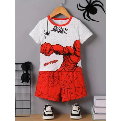 Neues Sommer-Rundhalspullover-Set mit Cartoon-Superhelden-Aufdruck, kurzärmeliges Oberteil und roten Shorts für Kinder im Alter von 1–6 Jahren Image