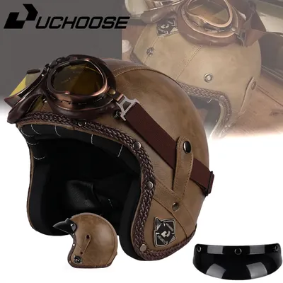 UCHOOSE Retro Motorcycle Helmet PU Leather Open Face 3/4 Chopper Bicycle Helmets Classic Casco Moto