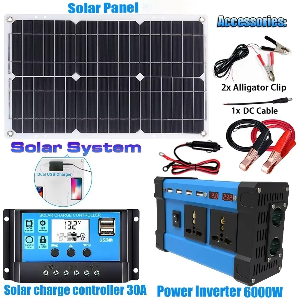 Kit inverter solare da 6000 W Generazione completa di energia Pannello solare da 600 W Sistema 110 V/220 V Pannello solare 12 V Regolatore di carica della batteria