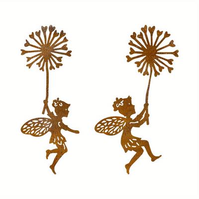 TEMU 2pcs Rusty Metal Dandelion Fairy Hanging Ornaments - Wall Art With Intricate Floral , Indoor/outdoor Garden Decor For Gifts & Housewarming Presents Image