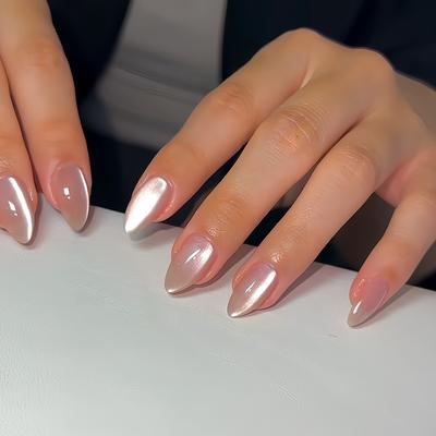 TEMU 24pcs Almond-shaped False Nails Set, Delicate And Sweet Nude Cat- With A Glossy Finish. Suitable For All Women And S. With Nail Buffers And Jelly Glue In The Box For Easy Application Image