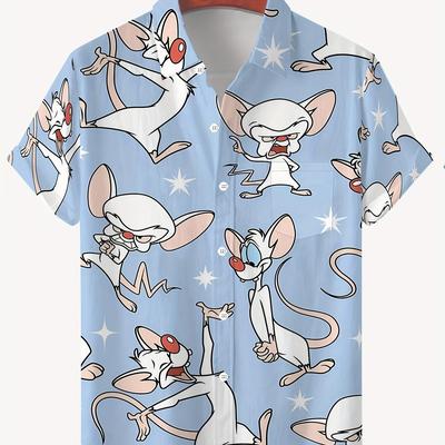 TEMU Men's 3d Anime Cartoon Print Short Sleeve Shirt, Casual Turn- Collar, Light Blue With White & Red Accents, Non-stretch Fabric, Summer Or Gift For Men, Casual Wear | Design | Summer Wear Image