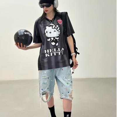 TEMU For Hello Kitty & For Kuromi Soccer T-shirt - Cute V-neck, Short Sleeve, Striped Top With Red Bow & Floral Accents, Lightweight Polyester, Spring/summer Image