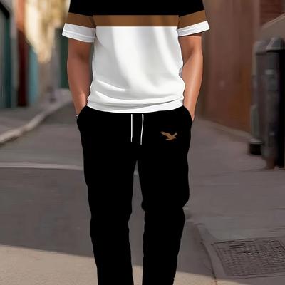 TEMU Men's Casual Fashion Short Sleeve Long Pants Suit Top + Pants Two-piece Set Image