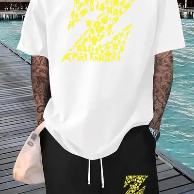 TEMU Anime Silhouette Print Men's Short Sleeve T-shirt And Waistband Shorts 2pcs Set Casual Sports Regular Top And Pants Suit, Suitable For Spring And Summer Matching Image