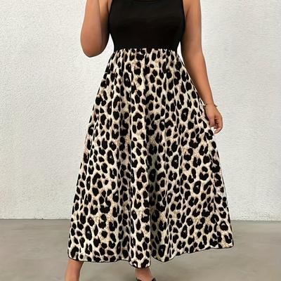TEMU Plus Size Women's Casual Off-shoulder Leopard Print Dress - Flared Hem Beach Vacation & Summer Outfit, Machine Washable Black & Beige Animal Print Midi Dress, Semiformal Attire Image