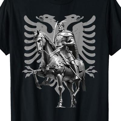TEMU Men's Albanian Heritage T-shirt - 100% Cotton Vintage Flag & Double-headed Eagle Design, Breathable Regular Fit Short Sleeve Tee For Sports & Casual Wear, Machine Washable Image