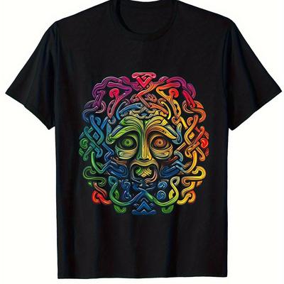 TEMU Mens Dragon Mandala Graphic T-shirt - Vibrant Colorful Print , Soft Stretchy Cotton, Regular Fit Short Sleeve For Casual , Image
