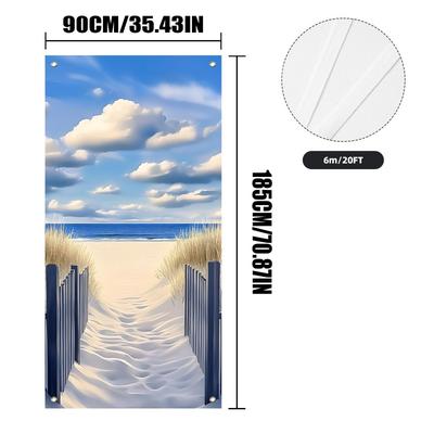 TEMU 2d Door Banner 1pc Polyester Beach Scene Window Door Banner, Wall Mount Backdrop, No Power Needed, Featherless, For All , Beach Party Supplies Decoration Image