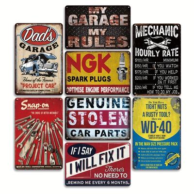 TEMU [] 8pcs Industrial Iron Sign Retro Garage Rules Funny Maintenance Art Decorative Wall Signs Poster For , Men Cave, Auto Repair Station, Car Parts Store Image