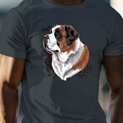 TEMU Men's Polyester T-shirt With St Dog Profile Print - Geometric Pattern Knit Fabric Crew Neck Tee - Casual, Regular Fit, Stretch Top For Adults - Ideal For Summer Image