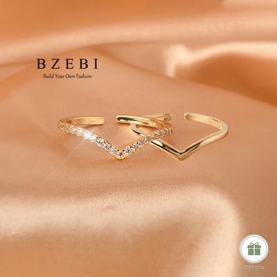 TEMU Elegant 18k Gold-plated V-shaped Ring Set For Women - Adjustable, Hypoallergenic With Cubic Zirconia - Perfect Gift For Birthdays, Day, Valentine's & Christmas, For Wedding Image