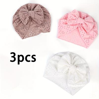 TEMU 3pcs Baby Headscarf Set With Large Bow Baby Hat, Breathable Hole-patterned Beanie, A Gift For Newborns, Photo Props. Image