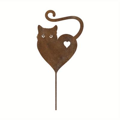TEMU 1pc Rustic Cat Silhouette Metal Garden Stake - Heart & Cat Outdoor Decor, Weathered Rusty Yard Art For Mother’s Day, Patio, Or Image