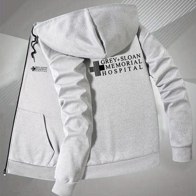 TEMU Men' Grey Memorial Hospital Hooded Jacket - Casual Print Zip-up With Pockets, Slim Fit, Fall/winter Collection, Whit Image