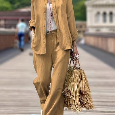 TEMU Two-piece Women's Elegant Solid Color Shirt And Pants Set Image