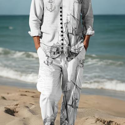 TEMU Men's Fashion Printed Suit, Casual Ancient Sailboat Sketch Print Pattern, Textured Texture, Casual Party, Evening Daily Festival, Home, Stand Collar Leisure Suit Image