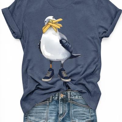 TEMU Women's Plus Size Casual Loose Fit Short Sleeve T-shirt - Cute Cartoon Seagull With Fashion Glasses & Sneakers Print, Gray, Machine Washable, Image