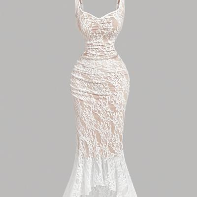 TEMU Women's Elegant Lace Pleated Bodycon Fishtail Dress - Mid-length Machine Washable Solid Color Dress For Commuting, Vacation & Wear [ns702], Tight Fitted Dress, Fashion, Unique Texture Combination Image