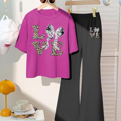 TEMU Girls' Summer Casual Comfortable Fashion Set Leopard Print Letter Love & Bow Pattern Printed Round Neck Short Sleeve T-shirt + Bell Bottom Pants 2 Piece Set For Outdoor Image