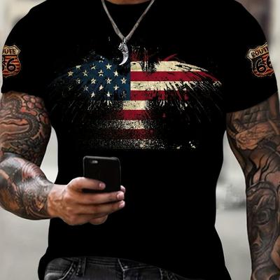 TEMU Men's Plus Size With 3d American Flag Print - Patriotic Casual Short Sleeve, Breathable Polyester, Round Neck, Summer Wear, Casual Attire | Patriotic Graphic Tee | Stylish Casualwea Image