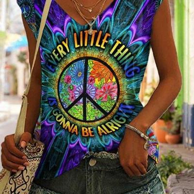 TEMU Women's Boho-chic V-neck Sleeveless Tank Top With Psychedelic Hippie Print - Vibrant Floral & Peace Sign Design, Casual Polyester Vest For Spring/summer/fall, Ladies Tank Top Image