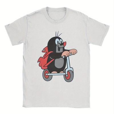 TEMU ' Grey Short Sleeve T-shirt - 100% Cotton Round Neck Casual Tee With Cartoon Mole Riding Graphic, Machine Washable Regular Fit For Casual Attire Image