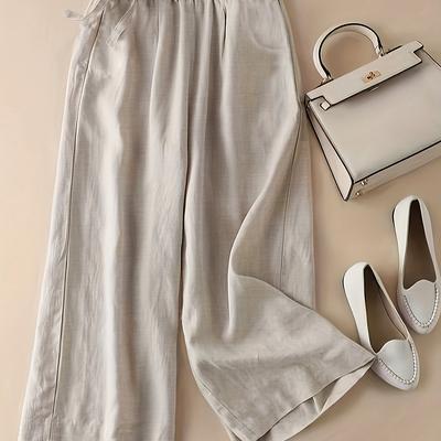 TEMU Women's High-waisted Wide-leg Viscose Linen Pants - Relaxed Fit Trousers With Drawstring Waist & Breathable Fabric For Spring Summer Fall, Casual To Office Wear, High Waist Pants Image
