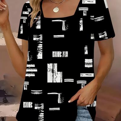 TEMU Women's Elegant Square Neck T-shirt, 3d Printed Polyester Knit With Stretch, Casual Short Sleeve Top, Black And White Pattern, Plus Size Image