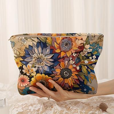 TEMU Colorful Sunflower Pattern Polyester Cosmetic Case, Non, Random Print Velour Zippered Makeup Bag With Lining, Pouch Image