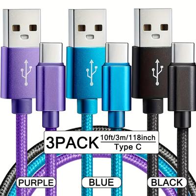 TEMU Fast Charging Cable, 3pcs Nylon Braided Usb-c Fast Charging Cable Usb To Type-c Data Sync Cord 3pcs 3.3ft/6.6ft/10ft Usb A To Usb C Fast Charger Cable For /google/pixel// /oppo/moto And More Image