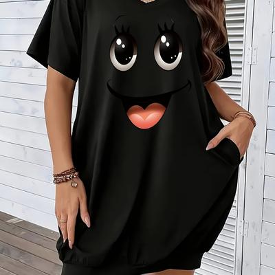 TEMU Women's Plus Size Casual Short Sleeve Dress - Black Cartoon , V-neck, Loose Fit, Mid-length, Comfortable & Stylish For Spring/summer, Everyday | Graphic Dress | Stretchy Fabric Image