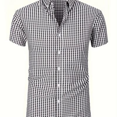 TEMU 2025 's Slim Fit Black & White Gingham Check Shirt - Lightweight Non-stretch Fabric, Button-up Collared Casual & Outdoor Leisure, Summer Casual Wear, Image