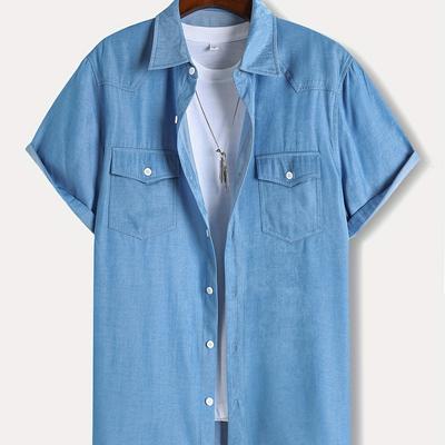 TEMU Men's Casual Denim Button-up Shirt With Chest Pockets - Lightweight Polyester Blend, Classic Collar, Machine Washable, Spring/summer Outdoor Activities And Casual Attire Image