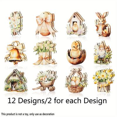 TEMU 24pcs Easter & Spring Wooden Hanging Decor Set - , Rabbit, Bow, Egg Designs With Bells - Garland For Outdoor Festivals And Parties (includes Rope) Image