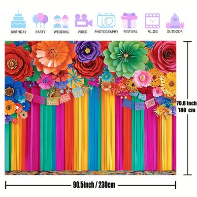 TEMU 1pc, Floral Carnival Backdrop, Polyester Mexican Fiesta Theme Banner, Photo Booth Background, Table Decor, Party Supplies Image