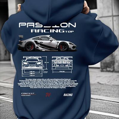 "TEMU Men's Racing Car Graphic Hooded Sweatshirt - Winter Casual Pullover With "precision Engineering" Print, Navy Blue Automotive Design, Machine Washable, Car Sweatshirt" Image
