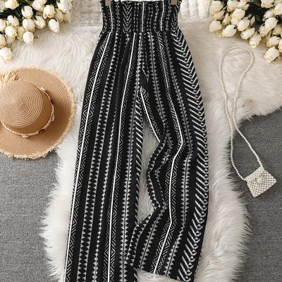 TEMU Women's Elegant Geometric-patterned Wide Leg Pants With Shirred Waist - Loose Fit, , Polyester Fabric, Spring/summer/fall, Casual , Casual Attire|geometric Print Pants|polyester Fabric Image