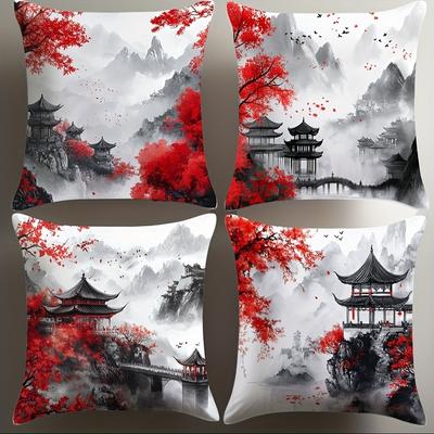 TEMU 4pcs Set Chinese Ink-wash And Single-sided Printed Pillowcases, Showcase Oriental Charm, Square Polyester Pillowcases Image