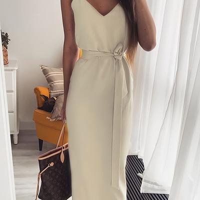 TEMU Elegant V-neck Sleeveless Dress With Tie Waist - Beige, Lace-up Detail, Spring/summer, Adult Fashion, Casual | Dress|laceup Detail Image