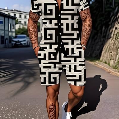 TEMU Abstract Maze Print Men's Loose Outdoor Sports Casual Vacation Beach Shirt Shorts Set Suit Image