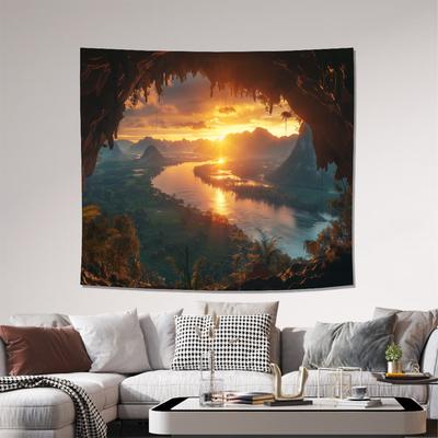 TEMU Spectacular Sunrise River Landscape Wallpaper - Includes Installation Kit - Perfect For Living Room, Bedroom, Office, Or Party Decor - Made Of Durable Polyester Fabric