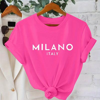TEMU Women's Italy Graphic T-shirt - Short Sleeve Crew Neck Casual Top, 100% Polyester With Geometric Letter Print, Machine Washable & Image