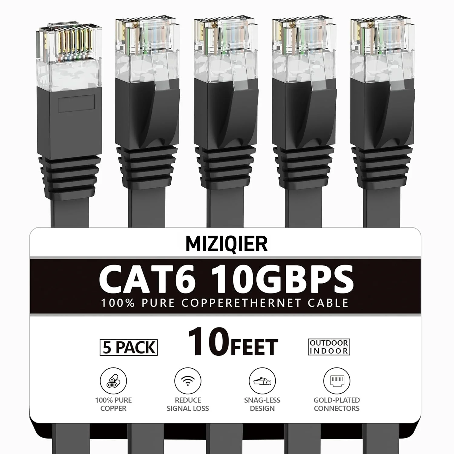 MIZIQIER 5er-Pack Cat6-Ethernet-Kabel, 10 Gbit/s flaches Internet-Netzwerkkabel für Cat5e Cat5 Computer LAN-Kabel mit Snagless RJ45 Image